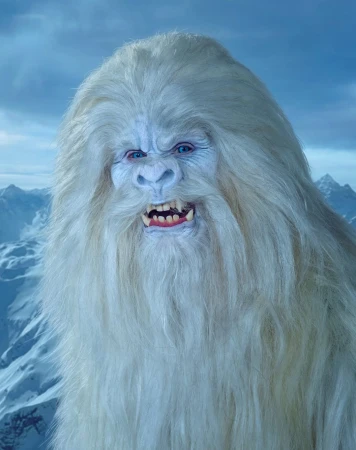 Close-up of a yeti-like figure with white fur, blue eyes, and bared teeth, set against a backdrop of snow-covered mountains and cloudy sky.